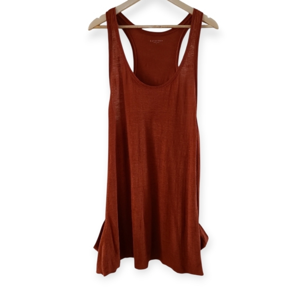 Eileen Fisher Organic Linen Long Jersey Tank Rust- Burnt Orange Side Pockets